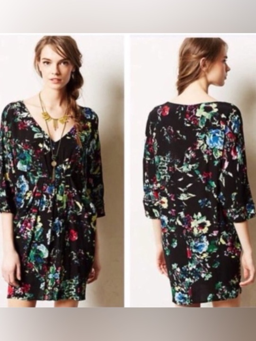 Maeve Black and Multicolored Floral Print Dolman 3/4 Sleeve Pocket Dress